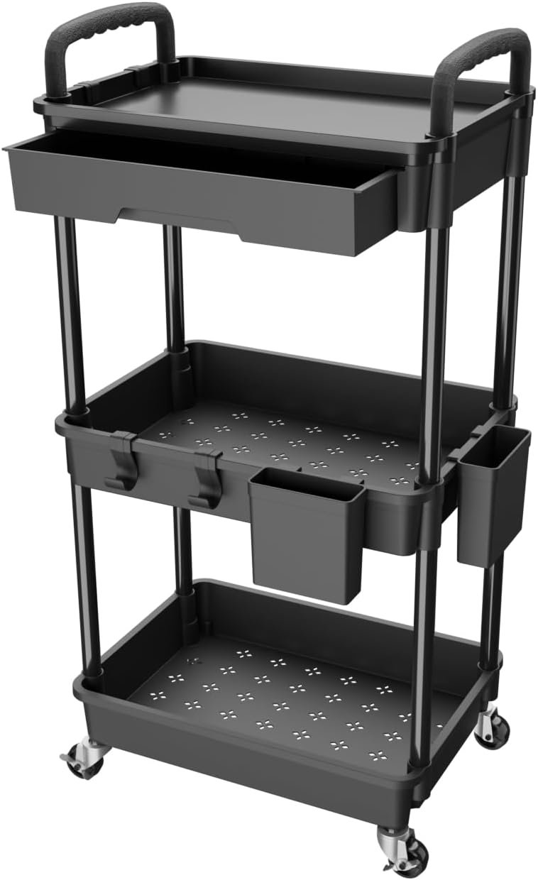 3 Tier Rolling Utility Cart with Drawer, Utility Cart Made of Multifunctional Storage Organizer Tool for Kitchen,Bathroom,Living Room,Office(Black)