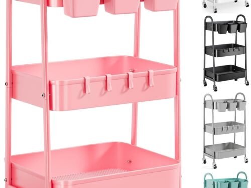 3 Tier Metal Rolling Cart with Lockable Wheels and Handle, Three Tiered Pink Trolley Cart on Wheels, Utility Storage Organizer for Bathroom, Kitchen, Teachers, Art, Crafts, Baby Diaper, Snack, Nail