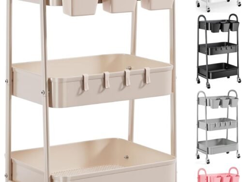 3 Tier Khaki Metal Utility Rolling Cart, Storage Cart with Handle and Lockable Wheels, Multifunctional Organizer Trolley with Mesh Storage Baskets for Kitchen, Office, Living Room, Laundry, Garage