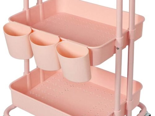 3 Tier Pink Rolling Cart with Table Top, Utility Carts with Organzier Cups & Hooks, Multi-Functional Rolling Table Cart with Wheels, Metal Frame with Plasitc Trays, Storage Carts for Office,Classroom