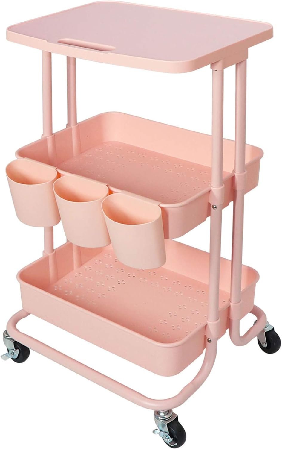 3 Tier Pink Rolling Cart with Table Top, Utility Carts with Organzier Cups & Hooks, Multi-Functional Rolling Table Cart with Wheels, Metal Frame with Plasitc Trays, Storage Carts for Office,Classroom
