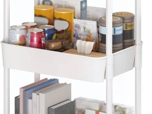 3-Tier Plastic Rolling Utility Cart with Handle, Multi-Functional Storage Trolley for Office, Living Room, Kitchen, Movable Storage Organizer with Wheels, White