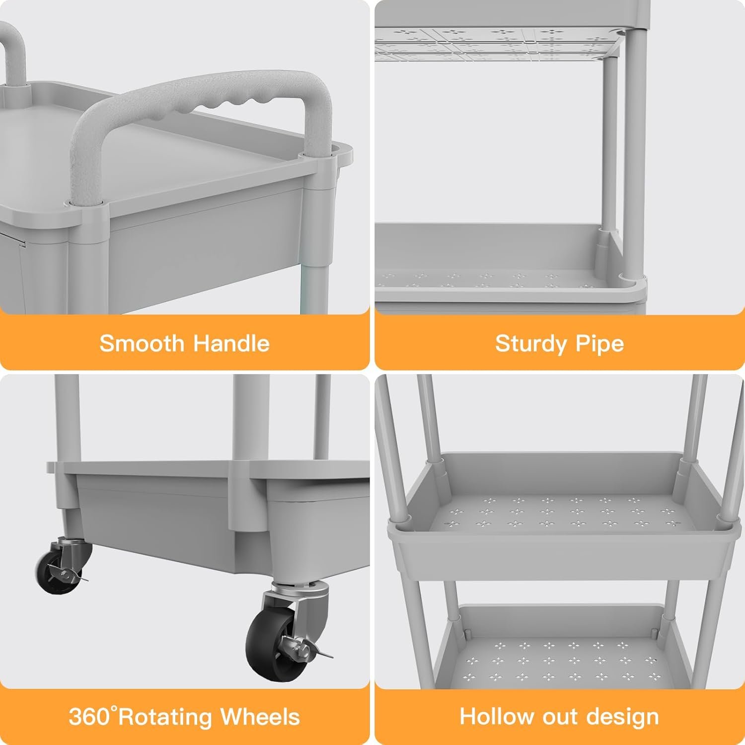 3 Tier Rolling Utility Cart with Drawer, Utility Cart Made of Multifunctional Storage Organizer Tool for Kitchen,Bathroom,Living Room,Office(Gray) - Image 2