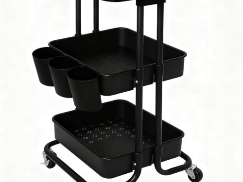 3 Tier Rolling Cart with Table Top, Black Metal Utility Storage Organizer Carts with Hanging Cups and Hooks, Multifunctional Mobile Cart with Casters for Small Spaces, Classroom,Offices,Dorm