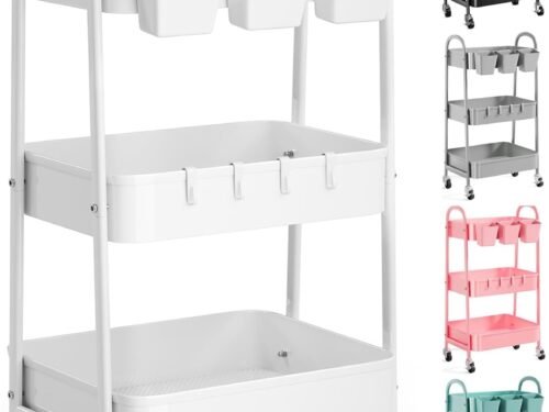 3 Tier Heavy Duty White Metal Rolling Cart with Lockable Wheels, Three Tier Roller Book Snack Cart, Utility Storage Organizer Carts for Kitchen, Bathroom, Garage, Baby Diaper, Craft, Art, Teacher
