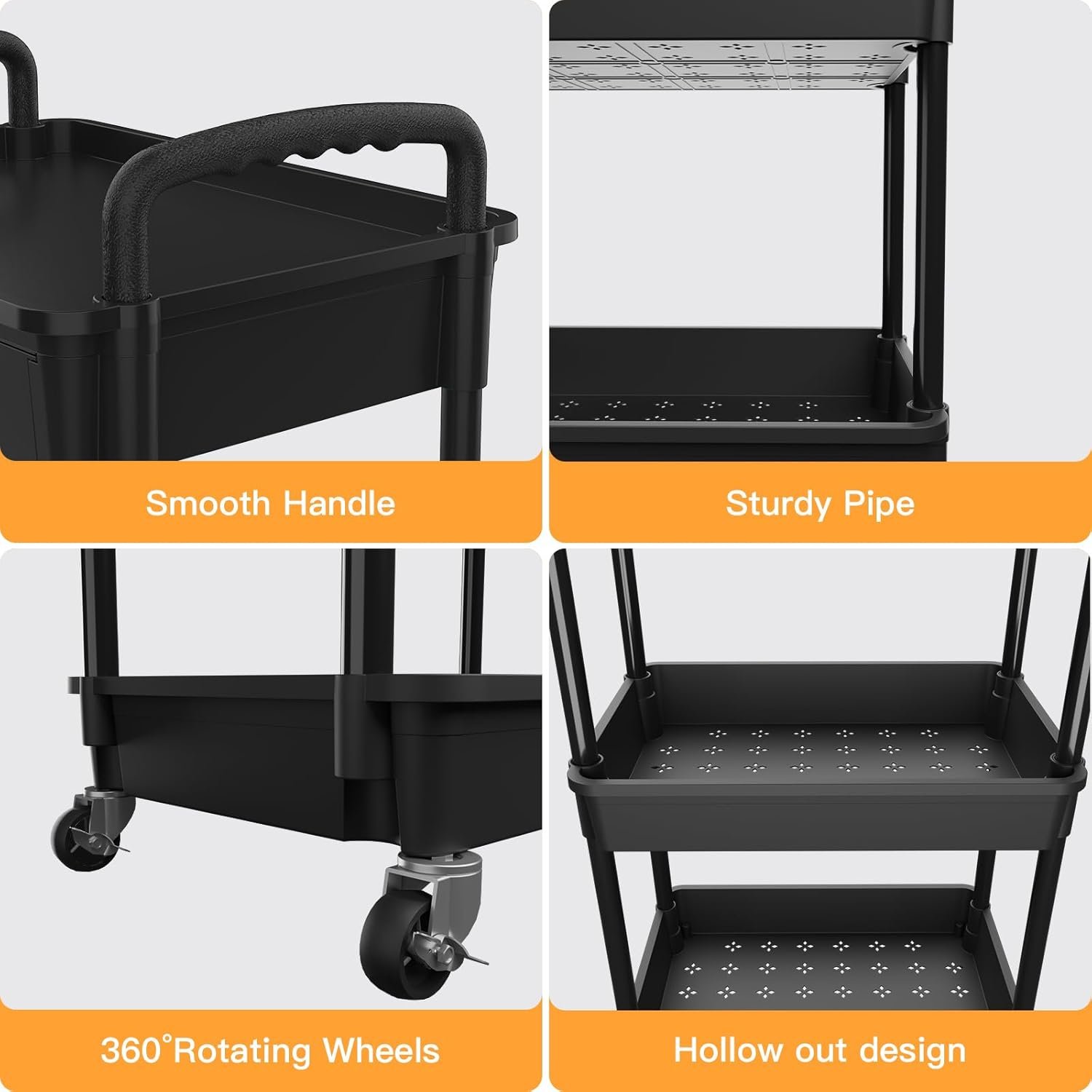 3 Tier Rolling Utility Cart with Drawer, Utility Cart Made of Multifunctional Storage Organizer Tool for Kitchen,Bathroom,Living Room,Office(Black) - Image 2