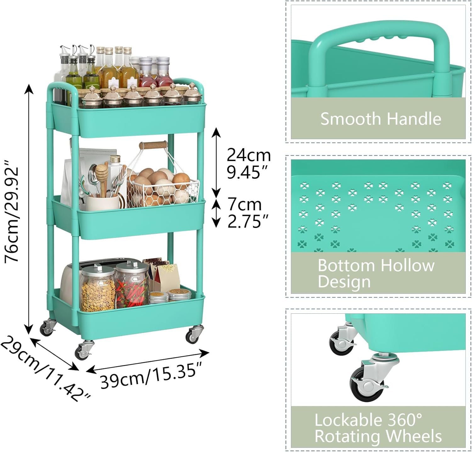 3-Tier Plastic Rolling Utility Cart with Handle, Multi-Functional Storage Trolley for Office, Living Room, Kitchen, Movable Storage Organizer with Wheels, Green - Image 2