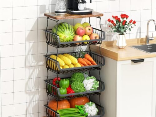 Fruit Vegetable Basket for Kitchen, 5 Tier Stackable Fruit Vegetable Storage Baskets with Wheels, Metal Wire Storage Basket Organizer Baskets for Kitchen, Pantry, Bathroom