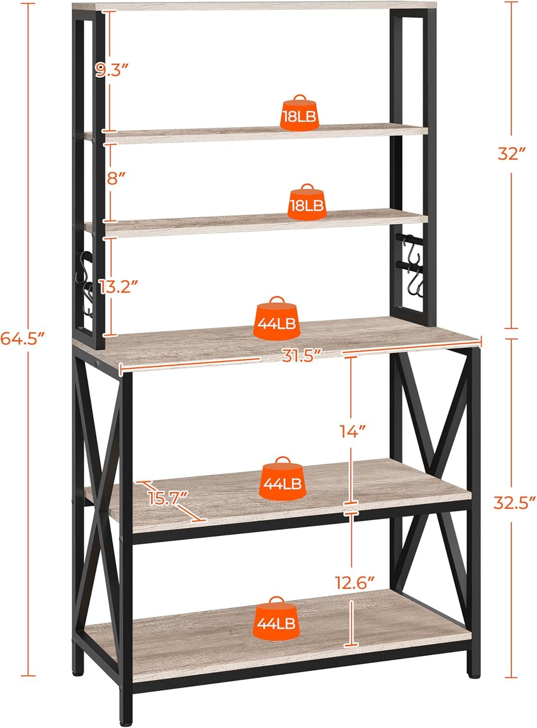 6-Tier Kitchen Bakers Rack, 31.5 Inch Coffee Bar Table, Farmhouse Microwave Oven Stand Cabinet for Small Spaces, Corner Organizer Storage Shelf for Spices and Pots, Grey - Image 2
