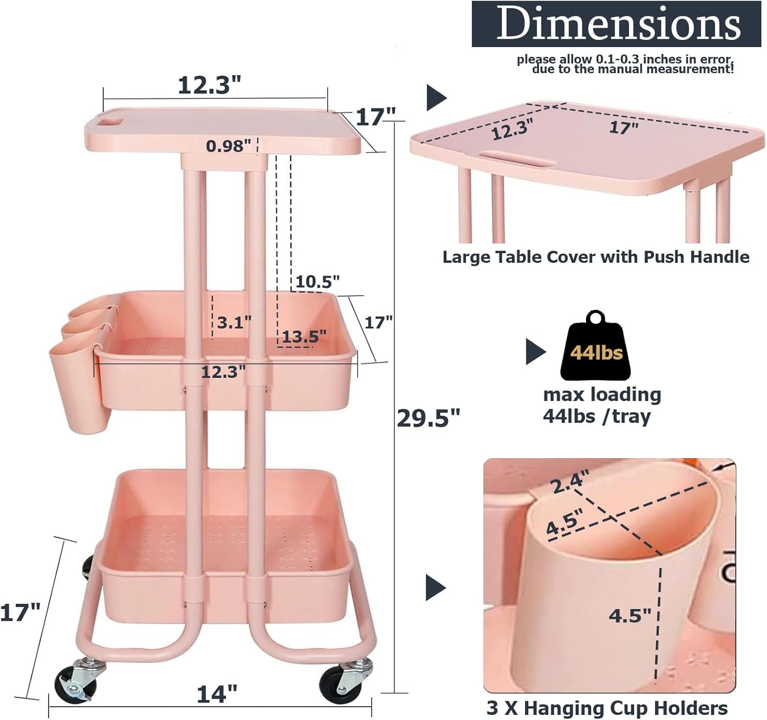 3 Tier Pink Rolling Cart with Table Top, Utility Carts with Organzier Cups & Hooks, Multi-Functional Rolling Table Cart with Wheels, Metal Frame with Plasitc Trays, Storage Carts for Office,Classroom - Image 2