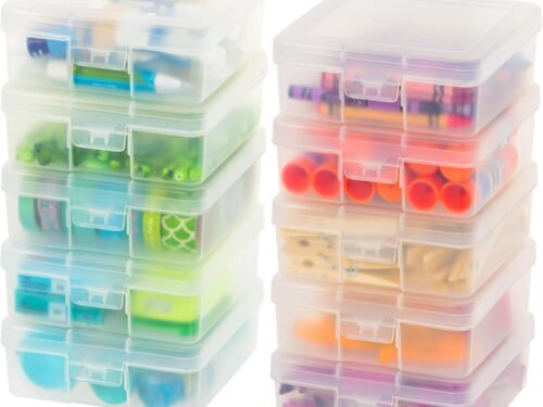Pencil Case Plastic Pouch Box Storage Organizer for Beads, Pens, and Art Supplies, 10-Pack, Stackable Container with Snap Lid for Jewelry, Stickers, and Tackle Box, Clear, Small