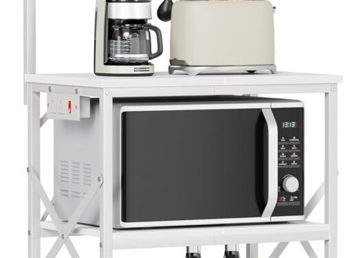 Kitchen Bakers Rack with Power Outlet, Microwave Oven Stand with Storage 4 Tiers, Coffee Bar Table with 6 S Hooks, Kitchen Storage Shelf Rack for Spices, Pots, White