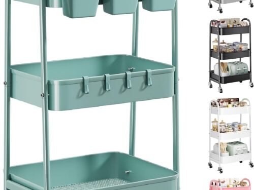 3 Tier Green Metal Rolling Cart with Lockable Wheels and Handle, 3 Tiered Utility Storage Organizer Carts for Teachers, Arts, Craft, Snack, Book, Bedside, Nursery, Cleaning Supplies, Easy Assembly
