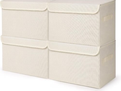 Large 22 Quart [4-Pack] Linen Fabric Foldable Storage Bin Cube Organizer Basket with Flip-Top Lid & Handles, Clothes Blanket Box for Home, Office, Closet (14.6 x 9.5 x 9.5, Beige)