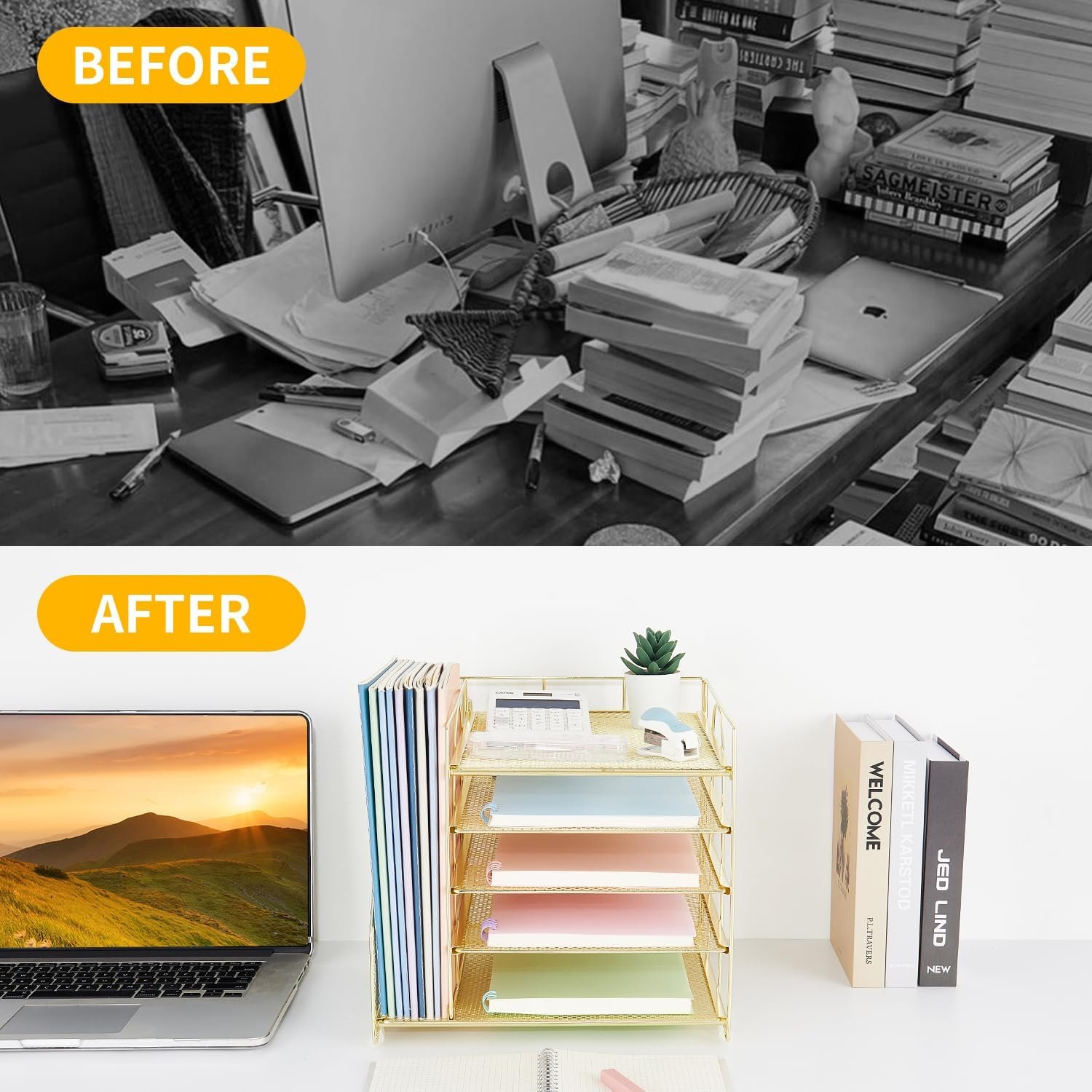 Desk Organizers and Accessories, 5-Tier Paper Letter Tray Organizer with File Holder, Desktop Organizer for Office Supplies (Gold) - Image 2