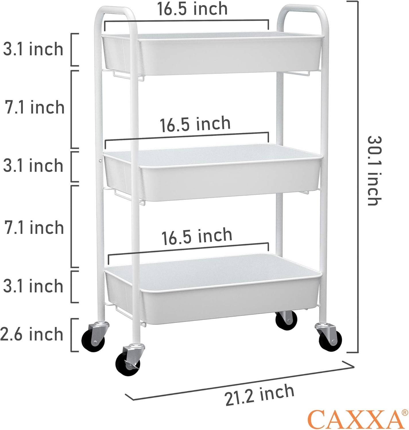 3-Tier Rolling Metal Storage Organizer - Mobile Utility Cart Kitchen Cart with Caster Wheels, White - Image 2