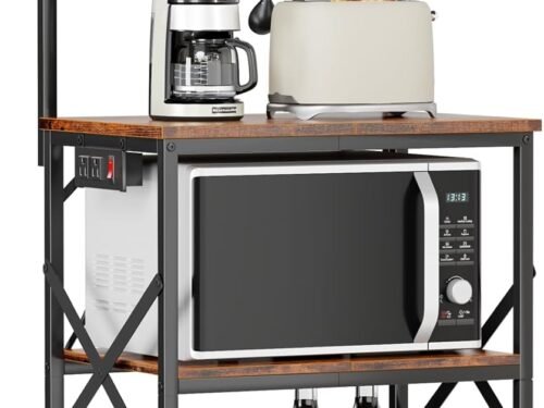 Kitchen Bakers Rack with Power Outlet, Microwave Oven Stand with Storage 4 Tiers, Coffee Bar Table with 6 S Hooks, Kitchen Storage Shelf Rack for Spices, Pots, Rustic Brown