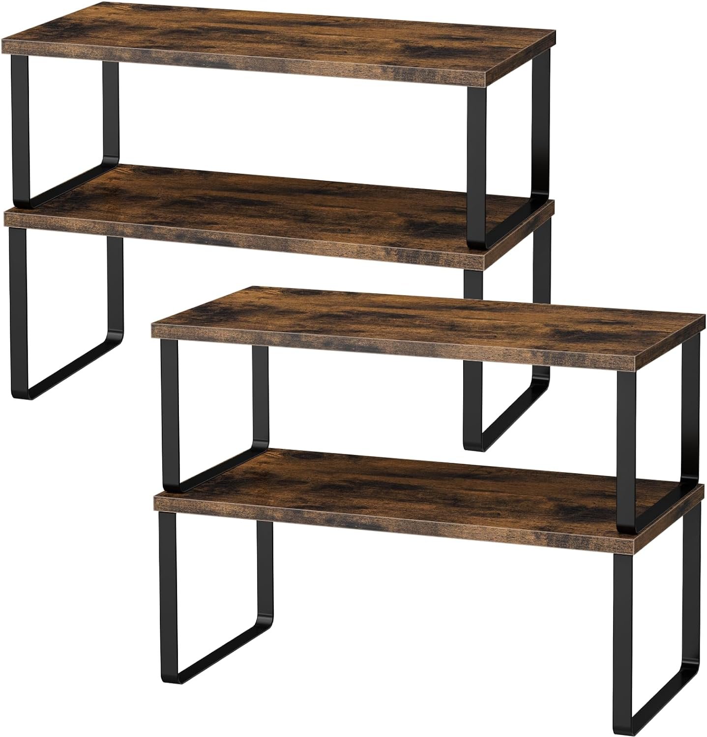 Cabinet Shelf Organizers, 15.7 inches Large Kitchen Counter Shelf, Set of 4 Wood Kitchen Pantry Organizer, Storage Shelves for Countertop, Spice Rack, Stackable, Expandable, Metal Black, Brown
