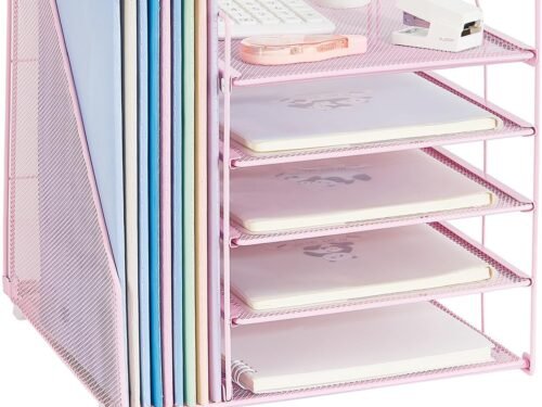 Desk Organizers and Accessories, 5-Tier Paper Letter Tray Organizer with File Holder, Desktop Organizer for Office Supplies (Pink)