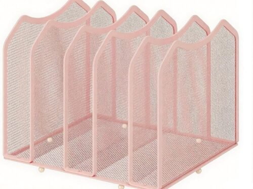 Mesh Desktop File Sorter Organizer, 5-Section Bookshelf for Desk Home Office, Pink