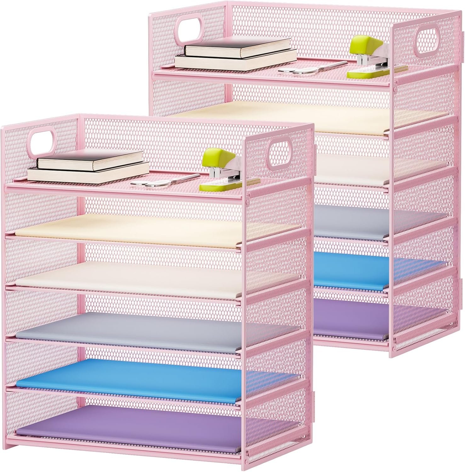 2 Pack Desk Organizer with Handle, 6 Tier Paper Letter Tray, Mesh Desk File Organizer for Office, School and Home - Pink