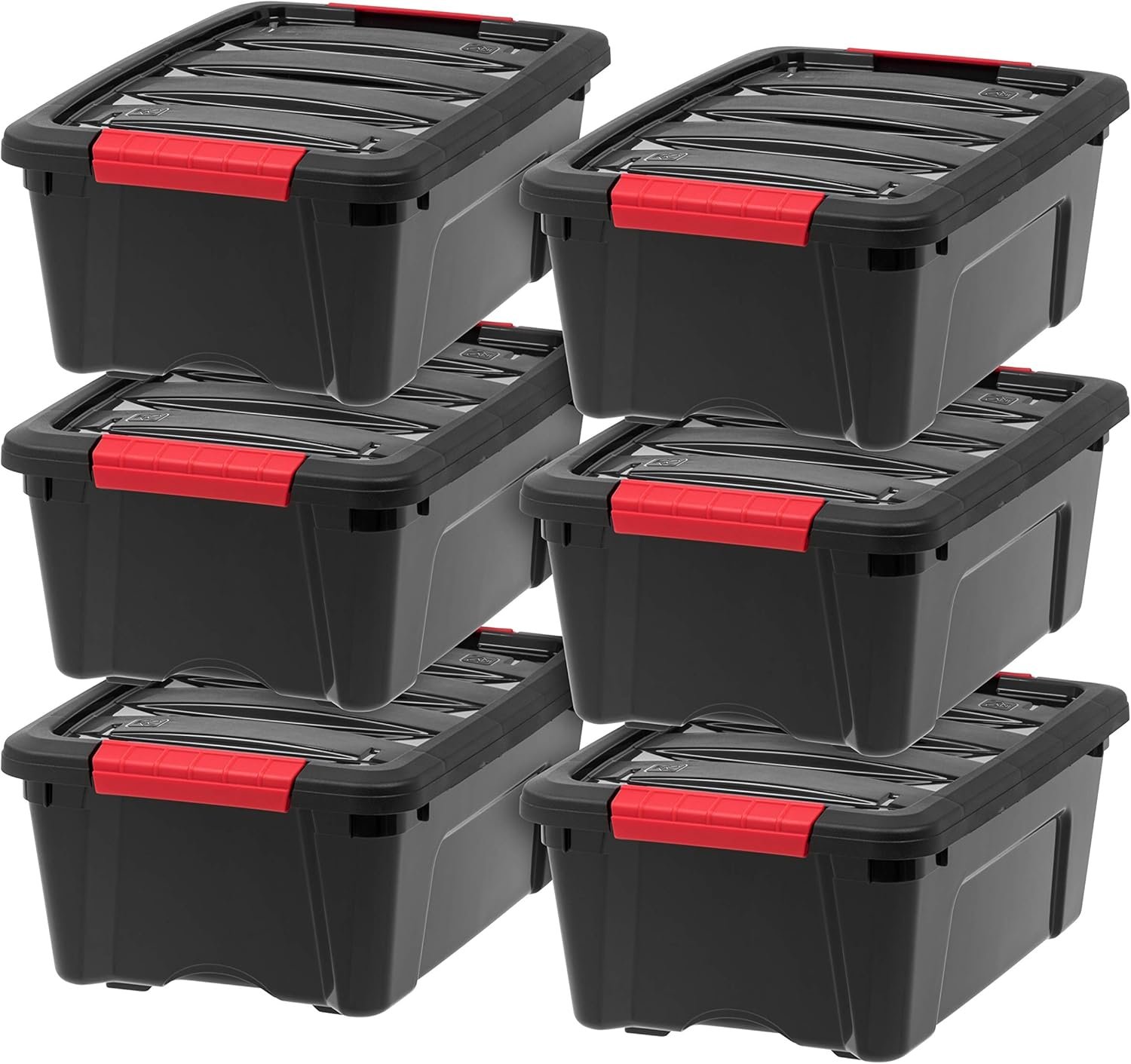 13 QT Plastic Storage Box with Lid and Latches - 6 Pack - BPA-Free, Garage Organizing Solution, Durable Nestable Stackable Containers, Secure Pull Handle - Black