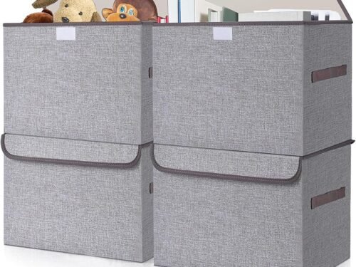 Large 22 Quart Linen Fabric Foldable Storage Bin Cube Organizer Basket with Flip-Top Lid & Handles, Clothes Blanket Box for Home, Office, Closet, Gray, 4 Pack 14.6 x 9.5 x 9.5”