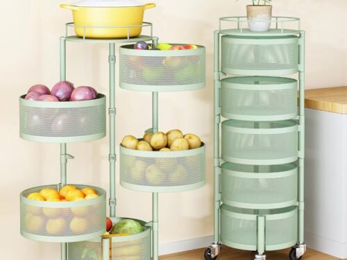 Fruit and Vegetable Basket Bowls for Kitchen with Metal Top Lid, 5 Tier Rotating Storage Rack Cart for Potato Onion Bread Banana, Wire Basket Organizer on Wheels, Large (Green)