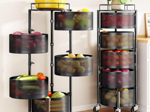 Fruit and Vegetable Basket Bowls for Kitchen with Metal Top Lid, 5 Tier Rotating Storage Rack Cart for Potato Onion Bread Banana, Wire Basket Organizer on Wheels, Large, Black