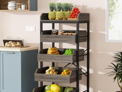 Wood Fruit and Vegetable Storage Rack, 5-Tier Pull-Out Snack Stand Fruit Basket Stand, Utility Shelf Organizer for Kitchen, Living Room, Bedroom, Gray