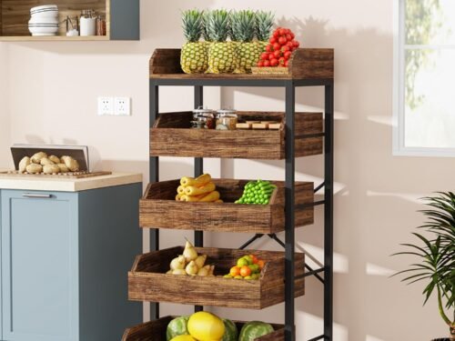 Wood Fruit and Vegetable Storage Rack, 5-Tier Pull-Out Snack Stand Fruit Basket Stand, Utility Shelf Organizer for Kitchen, Living Room, Bedroom, Rustic Brown